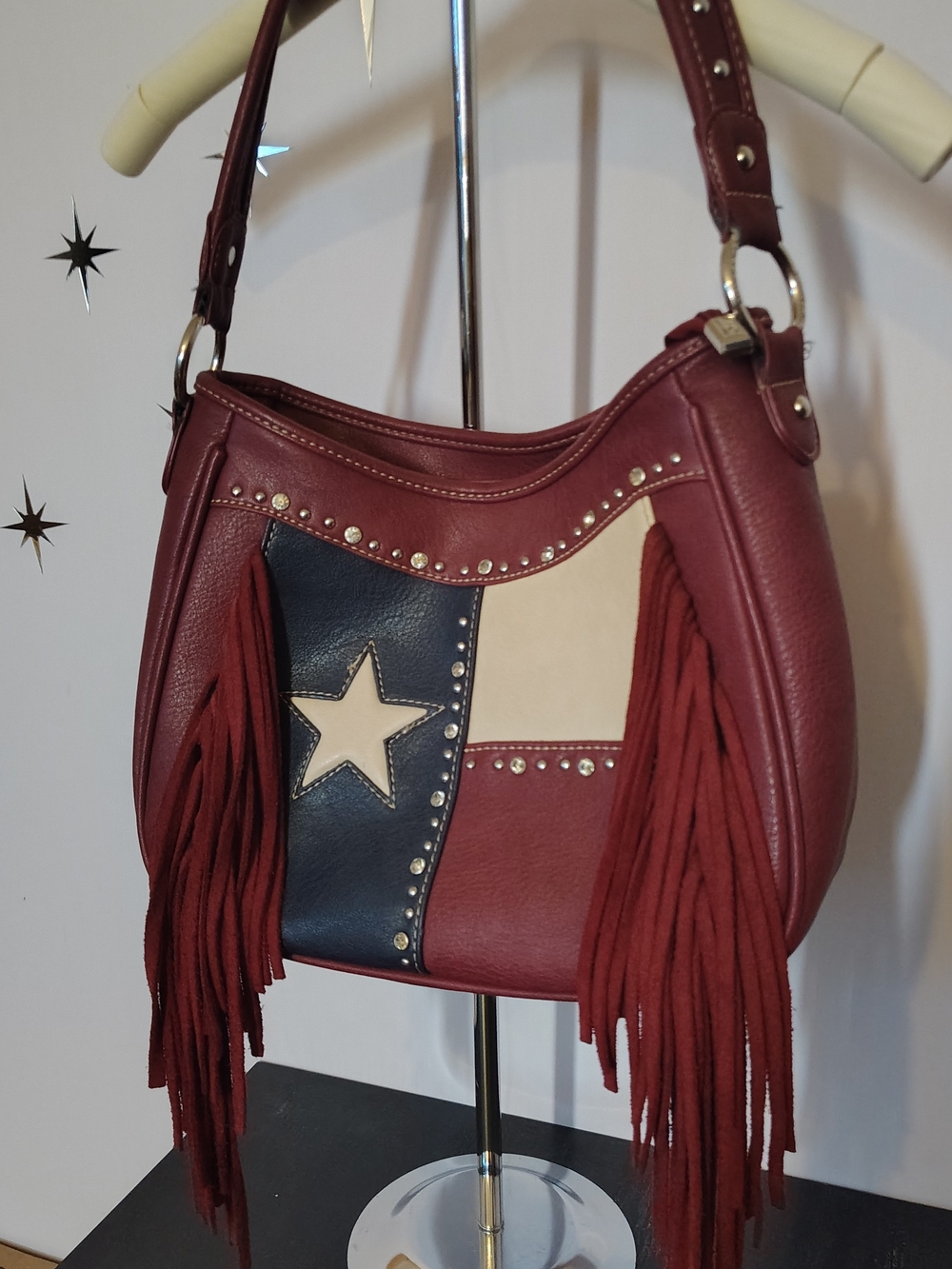Montana West Burgundy Fringe Hobo with The Texas Flag Conceal Carry Purse